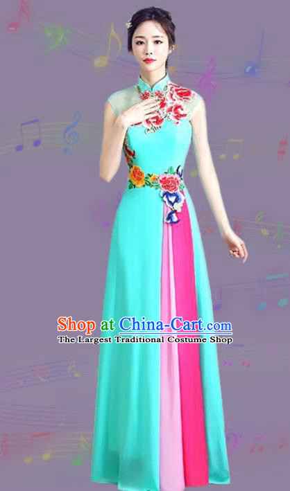 Chinese Traditional Cheongsam Costume Classical Embroidered Peony Blue Full Dress for Women