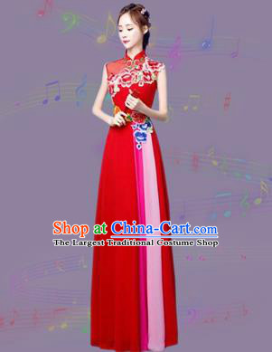 Chinese Traditional Cheongsam Costume Classical Embroidered Peony Red Full Dress for Women