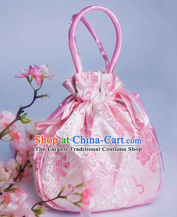 Chinese Traditional Hanfu Accessories Classical Pink Brocade Handbag for Women