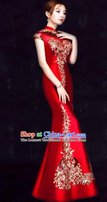 Chinese Traditional Fishtail Cheongsam Costume Classical Embroidered Red Full Dress for Women
