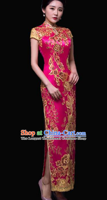 Chinese Traditional Embroidered Rosy Cheongsam Costume Classical Full Dress for Women