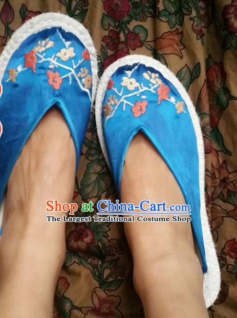 Chinese Ancient Princess Blue Slippers Traditional Embroidered Plum Blossom Shoes Hanfu Shoes for Women
