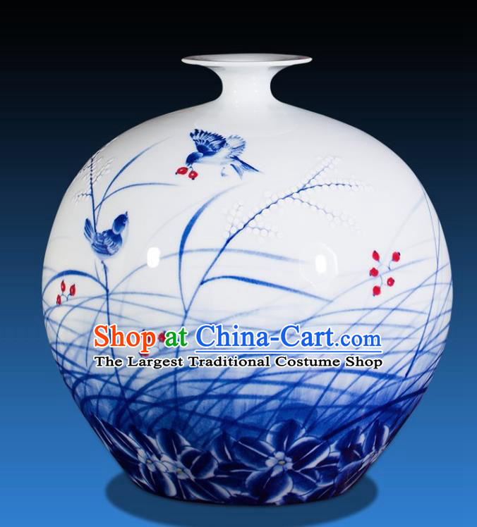 Chinese Traditional Blue and White Porcelain Orchid Pomegranate Vase Jingdezhen Ceramic Handicraft