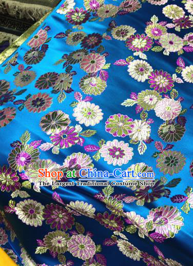 Chinese Traditional Buddhism Daisy Pattern Design Blue Brocade Silk Fabric Tibetan Robe Satin Fabric Asian Material