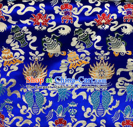Chinese Traditional Buddhism Fire Fishes Pattern Royalblue Brocade Silk Fabric Tibetan Robe Satin Fabric Asian Material