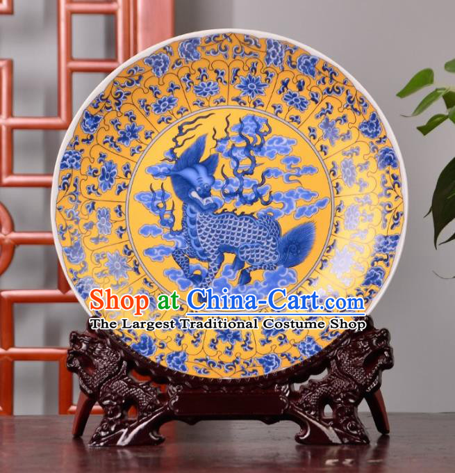Chinese Traditional Hand Painting Kylin Decoration Enamel Dish Jingdezhen Ceramic Handicraft