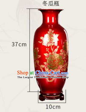 Chinese Jingdezhen Ceramic Craft Printing Peony Pattern Red Enamel Vase Handicraft Traditional Porcelain Vase