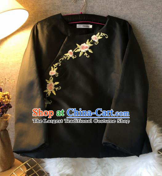 Chinese Traditional National Costume Black Cotton Padded Jacket Embroidered Tang Suit Upper Outer Garment for Women