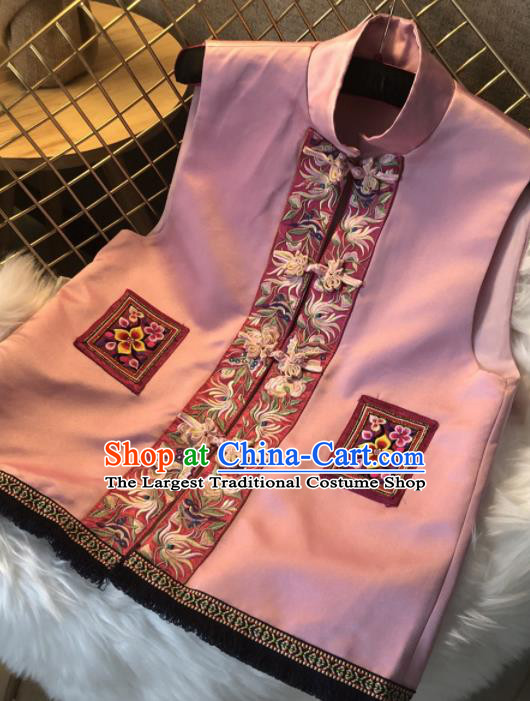 Chinese Traditional National Costume Embroidered Pink Vest Tang Suit Waistcoat Upper Outer Garment for Women