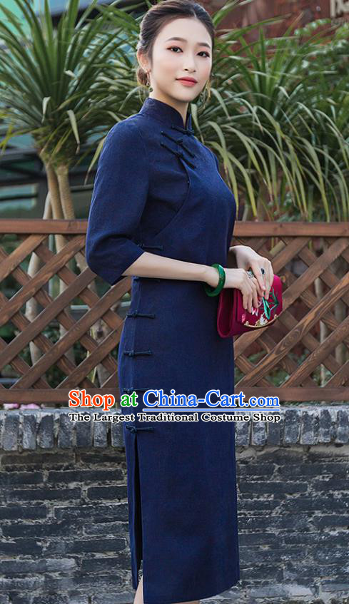 Chinese Traditional Tang Suit Navy Qipao Dress National Costume Cheongsam for Women