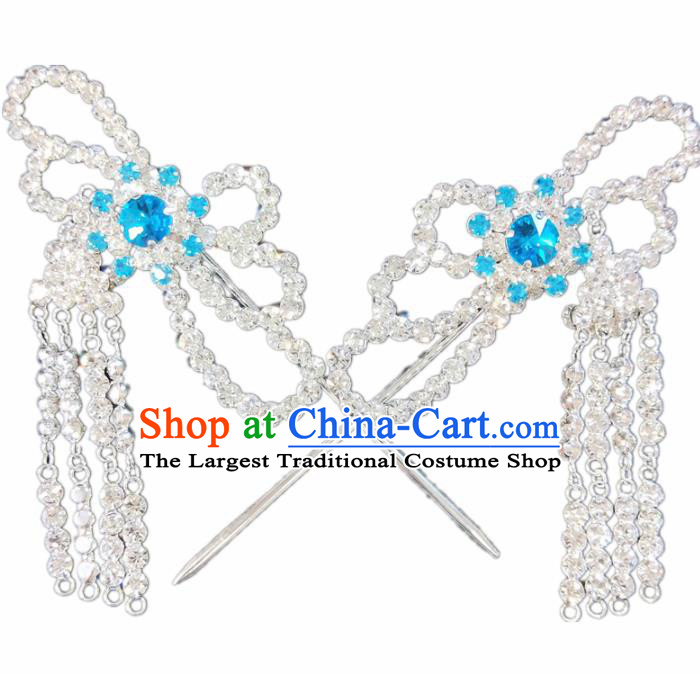 Chinese Ancient Princess Blue Crystal Tassel Hairpins Traditional Peking Opera Artiste Hair Clips Headwear for Women