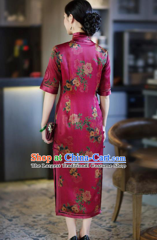 Chinese Traditional Tang Suit Printing Rosy Silk Qipao Dress National Costume Cheongsam for Women