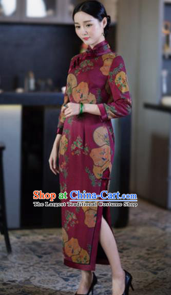 Chinese Traditional Tang Suit Wine Red Qipao Dress National Costume Printing Cheongsam for Women