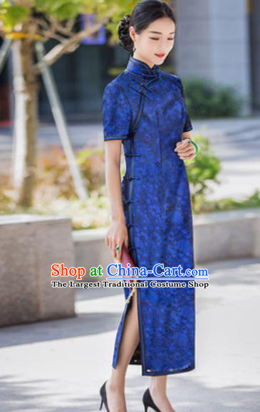 Chinese Traditional Tang Suit Qipao Dress National Costume Blue Silk Cheongsam for Women