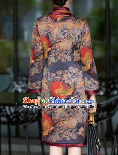 Chinese Traditional Printing Carp Silk Cheongsam Tang Suit Qipao Dress National Costume for Women