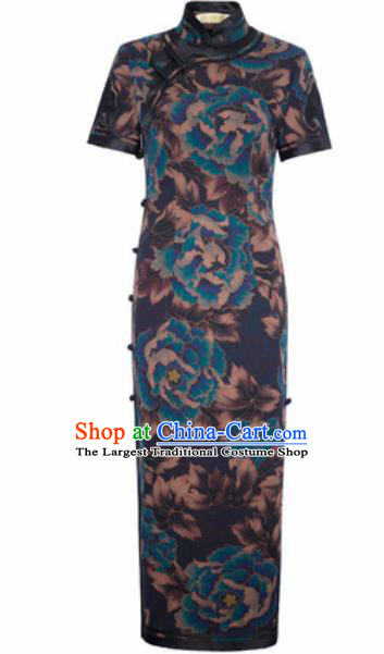 Chinese Traditional Printing Peony Navy Silk Cheongsam Tang Suit Qipao Dress National Costume for Women