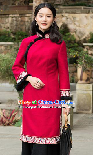 Chinese Traditional Red Woolen Embroidered Cheongsam Tang Suit Qipao Dress National Costume for Women
