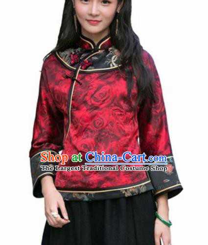 Chinese Traditional Printing Roses Red Silk Blouse Tang Suit Upper Outer Garment National Costume for Women