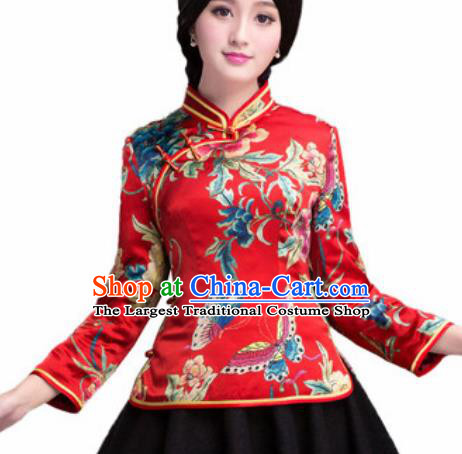 Chinese Traditional Printing Peony Red Silk Blouse Tang Suit Upper Outer Garment National Costume for Women