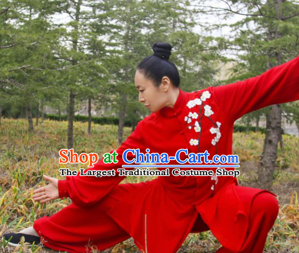 Chinese Traditional Kung Fu Competition Costume Martial Arts Tai Chi Embroidered Plum Blossom Red Clothing for Women