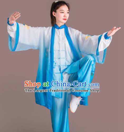 Chinese Traditional Kung Fu Competition Embroidered Lotus Blue Costume Martial Arts Tai Chi Clothing for Women