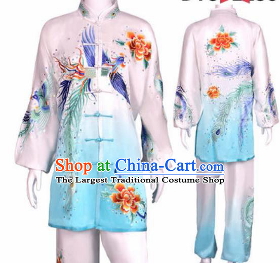 Chinese Traditional Kung Fu Competition Costume Martial Arts Tai Chi Embroidered Phoenix White Clothing for Women