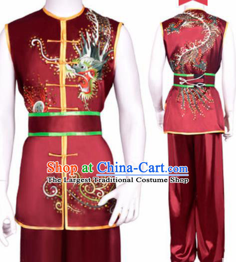 Chinese Traditional Kung Fu Competition Embroidered Dragon Wine Red Costume Tai Chi Martial Arts Clothing for Men