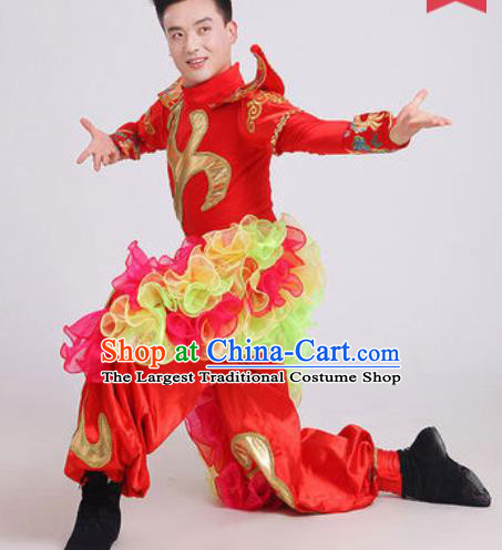 Chinese Traditional Drum Dance Red Costume Folk Dance Stage Performance Clothing for Men