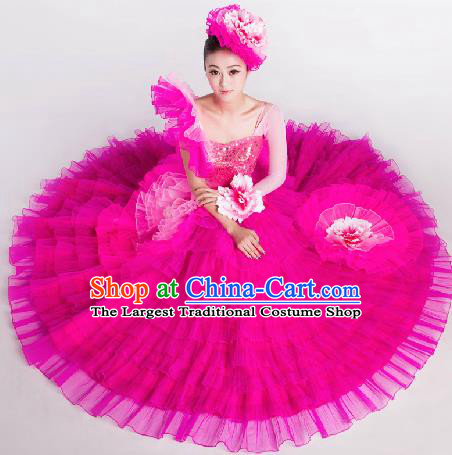 Top Grade Chorus Opening Dance Rosy Veil Dress Modern Dance Stage Performance Costume for Women