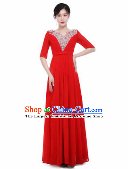 Top Grade Chorus Diamante Red Dress Opening Dance Stage Performance Costume for Women