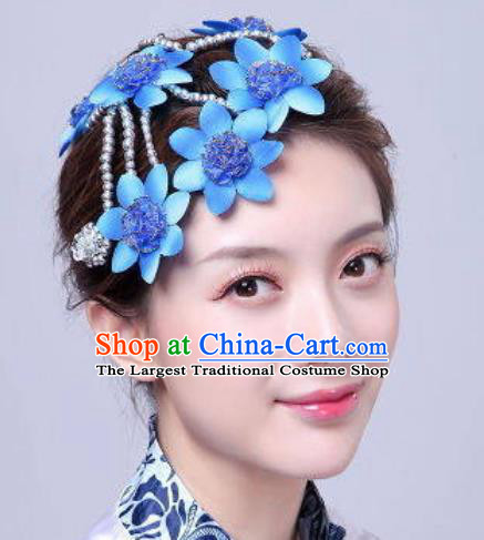 Chinese Traditional Classical Dance Hair Accessories Folk Dance Blue Flowers Hair Stick for Women