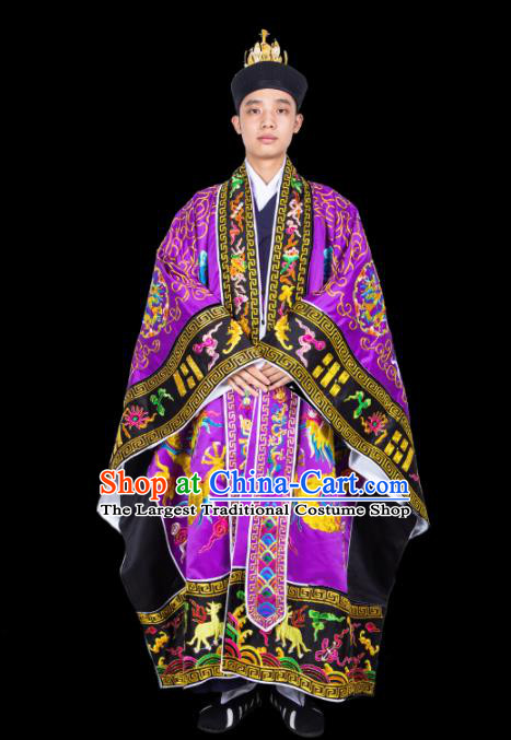 Chinese Traditional Taoism Costume National Taoist Priest Embroidered Dragons Purple Cassock for Men