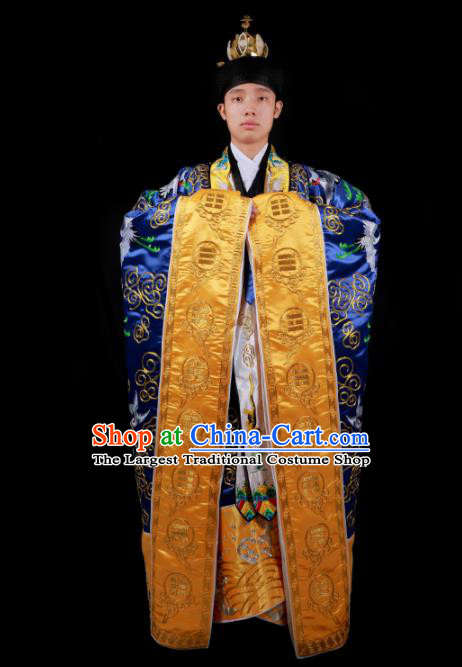 Chinese National Taoist Priest Embroidered Crane Royalblue Cassock Traditional Taoism Rites Costume for Men