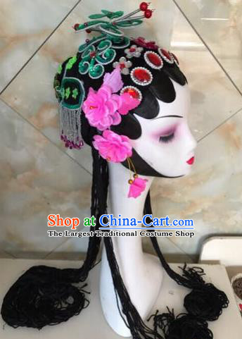 Chinese Traditional Beijing Opera Green Butterfly Hairpins and Wigs Sheath Peking Opera Princess Hair Accessories for Women