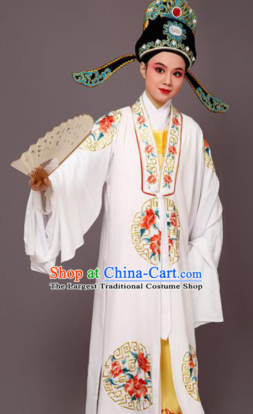 Chinese Traditional Peking Opera Niche Embroidered Peony White Robe Beijing Opera Scholar Costume for Men