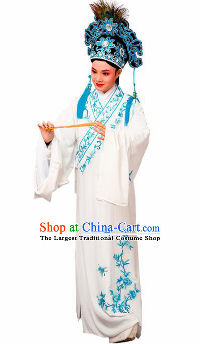 Chinese Traditional Peking Opera Scholar Embroidered Peony White Robe Beijing Opera Niche Costume for Men