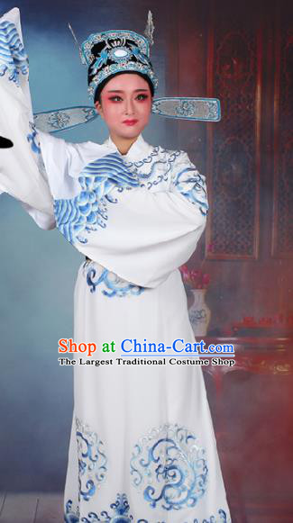 Chinese Traditional Peking Opera Number One Scholar White Embroidered Robe Beijing Opera Niche Costume for Men