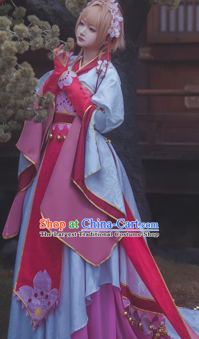 Traditional Halloween Cosplay Swordswoman Costume Chinese Ancient Princess Pink Hanfu Dress for Women