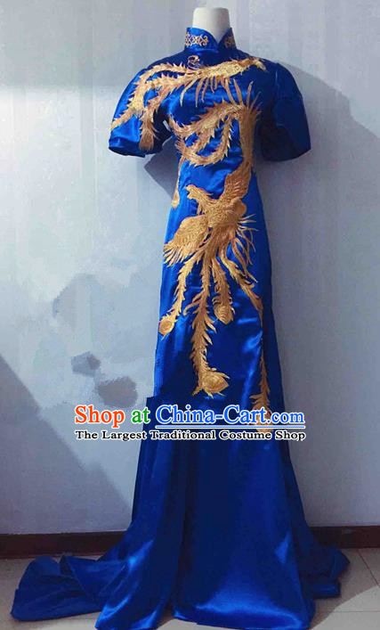 Traditional Chinese Modern Fancywork Costume National Blue Qipao Dress for Women