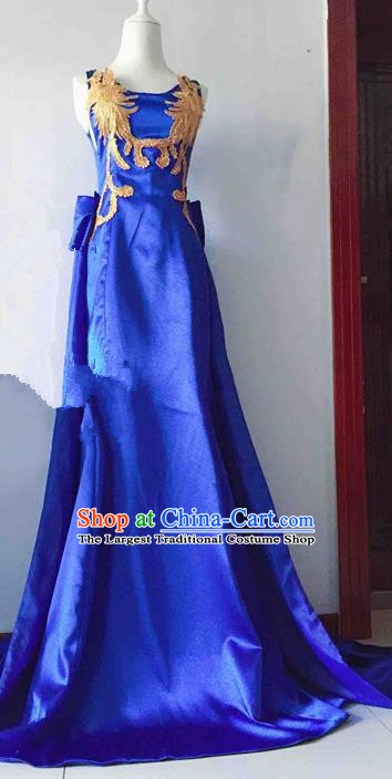 Traditional Chinese Modern Fancywork Costume Embroidered Phoenix Blue Full Dress for Women