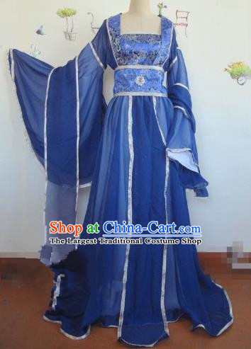 Chinese Traditional Cosplay Apsaras Costume Ancient Tang Dynasty Imperial Consort Royalblue Hanfu Dress for Women