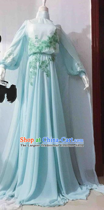 Traditional Chinese Modern Fancywork Costume Halloween Blue Veil Full Dress for Women