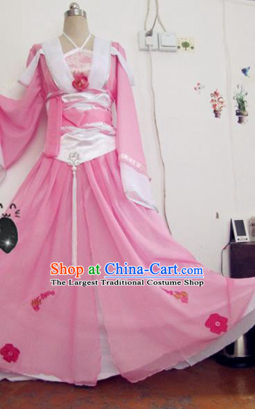 Chinese Traditional Cosplay Apsaras Costume Ancient Peri Princess Pink Hanfu Dress for Women