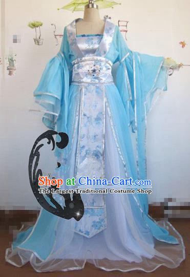 Chinese Traditional Cosplay Princess Blue Costume Ancient Peri Palace Lady Hanfu Dress for Women