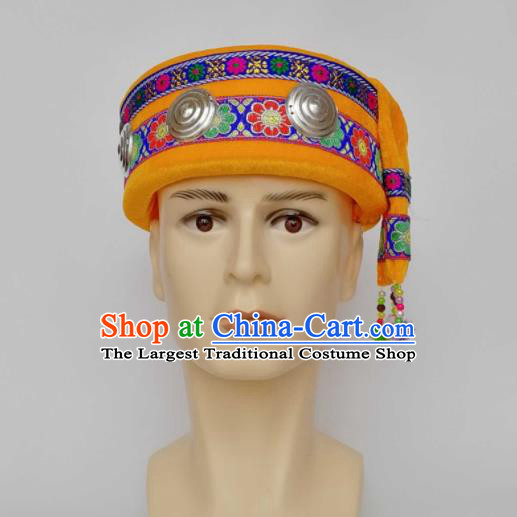 Chinese Traditional Ethnic Headwear Yao Nationality Bridegroom Yellow Hat for Men