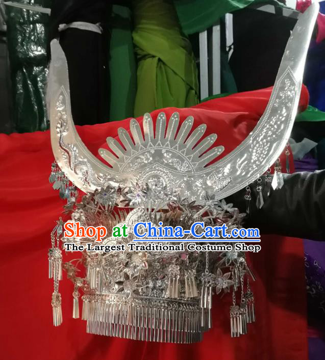 Chinese Traditional Ethnic Wedding Headwear Miao Nationality Bride Tassel Phoenix Coronet for Women