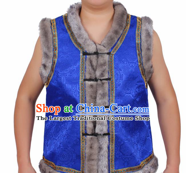 Chinese Traditional Ethnic Costumes Mongol Nationality Royalblue Brocade Waistcoat Vest for Men