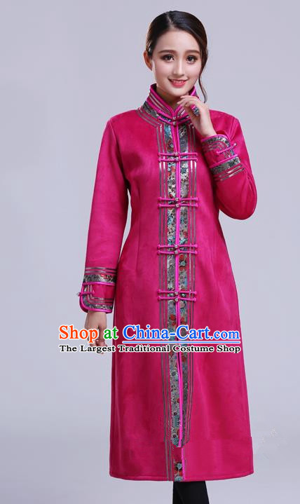Chinese Traditional Mongolian Outwear Ethnic Costumes Mongol Nationality Rosy Dust Coat for Women