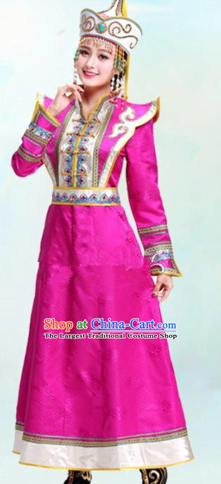 Chinese Traditional Mongolian Ethnic Bride Rosy Dress Mongol Nationality Folk Dance Costumes for Women