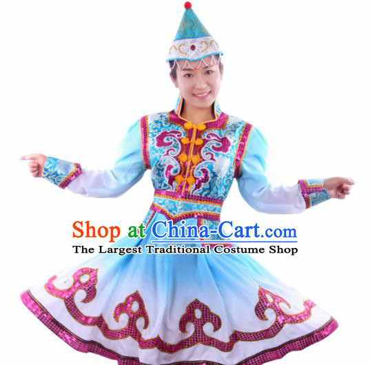 Chinese Traditional Mongolian Folk Dance Blue Dress Mongol Nationality Ethnic Costume for Women
